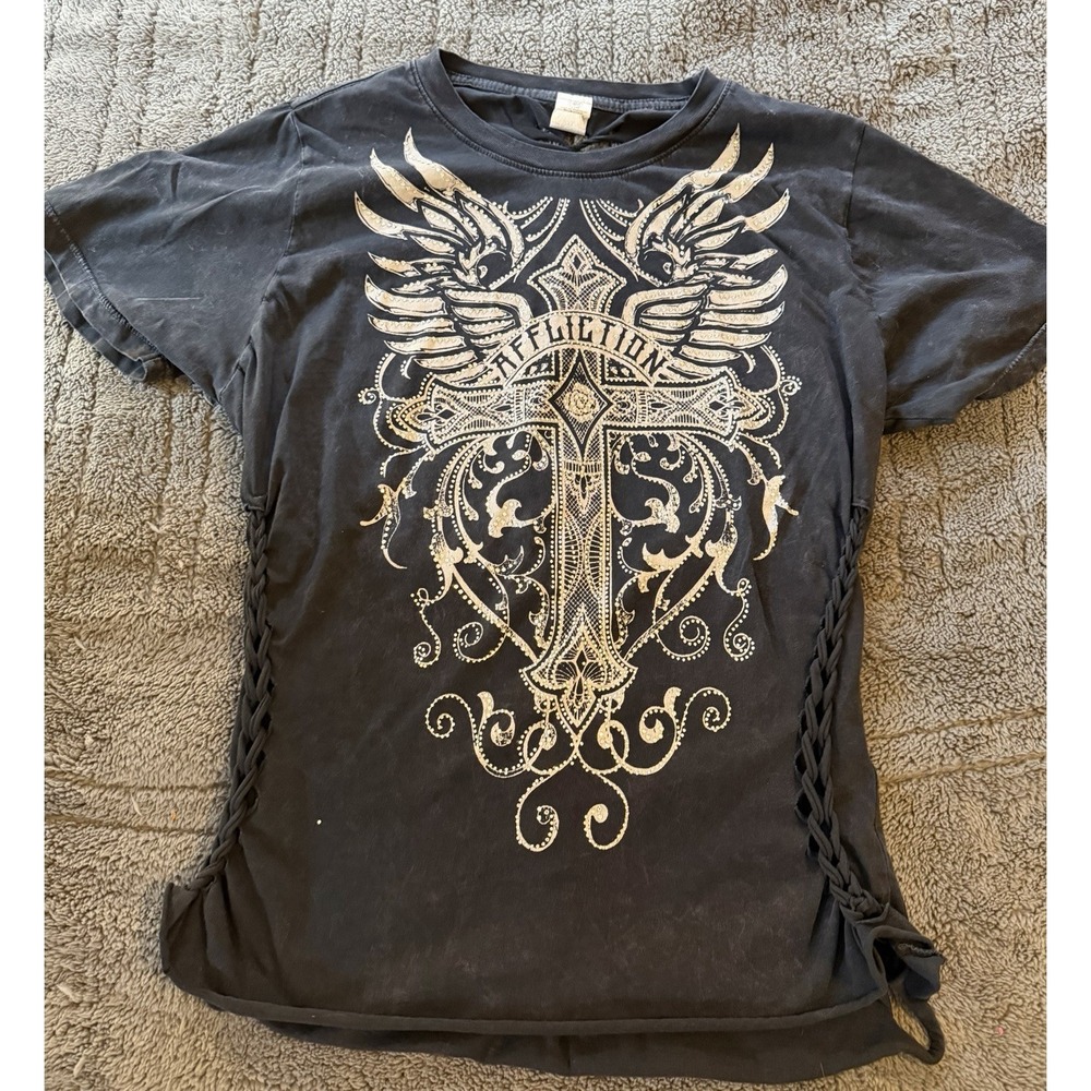 Affliction Womens Shirt Sleeve Braided‎ Oen Back Xxlarge Rebal Cross Biker